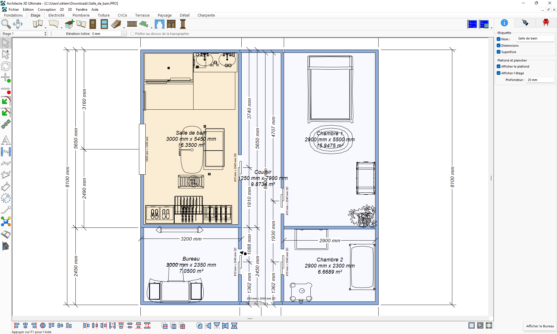 Conception 2D salle de bains 16 m2