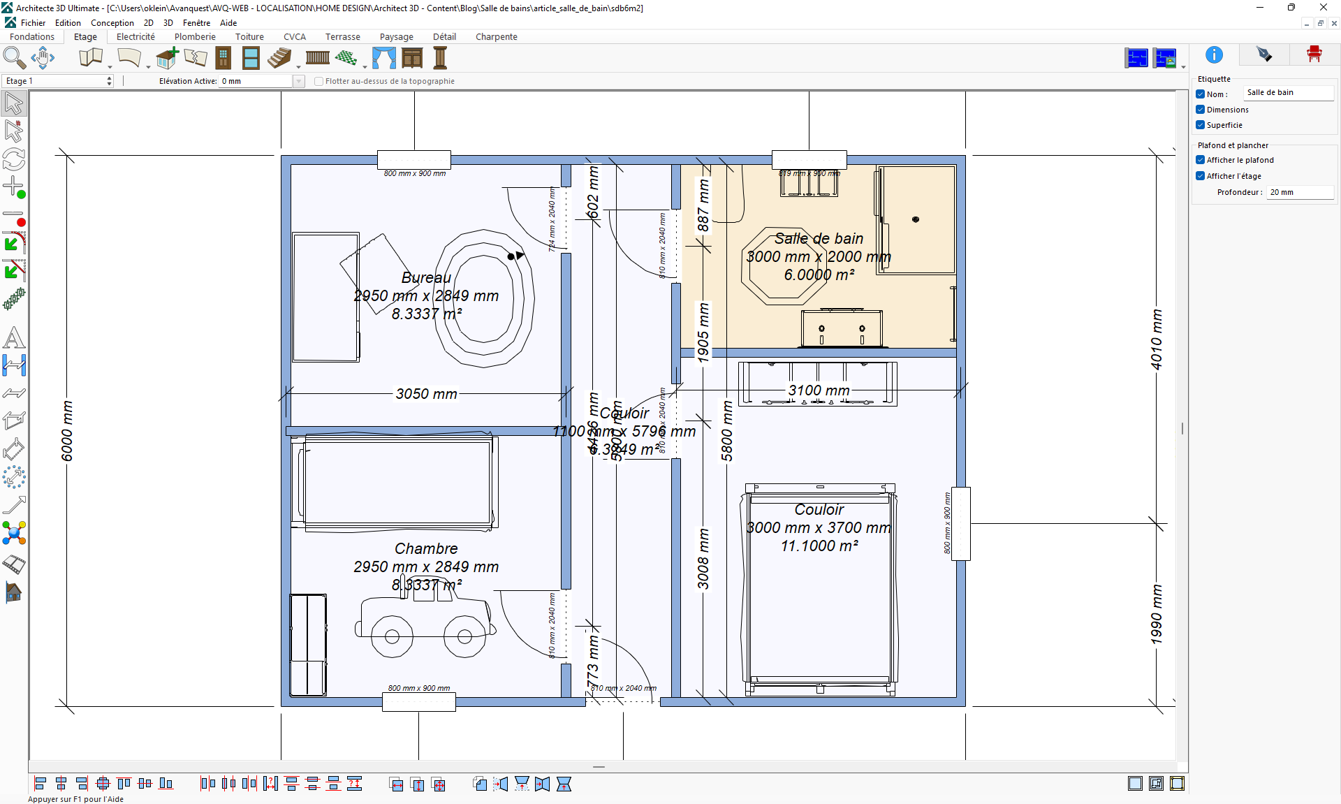 Plan 2D salle de bains 6 m2