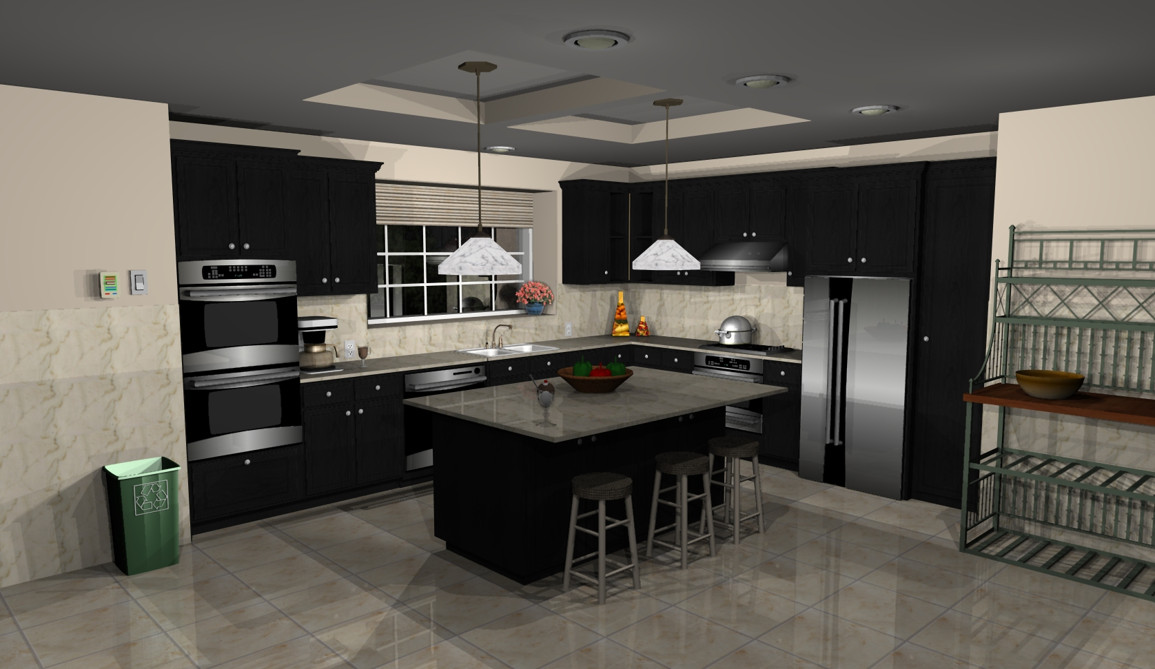 Cuisine 3D en L avec îlot central