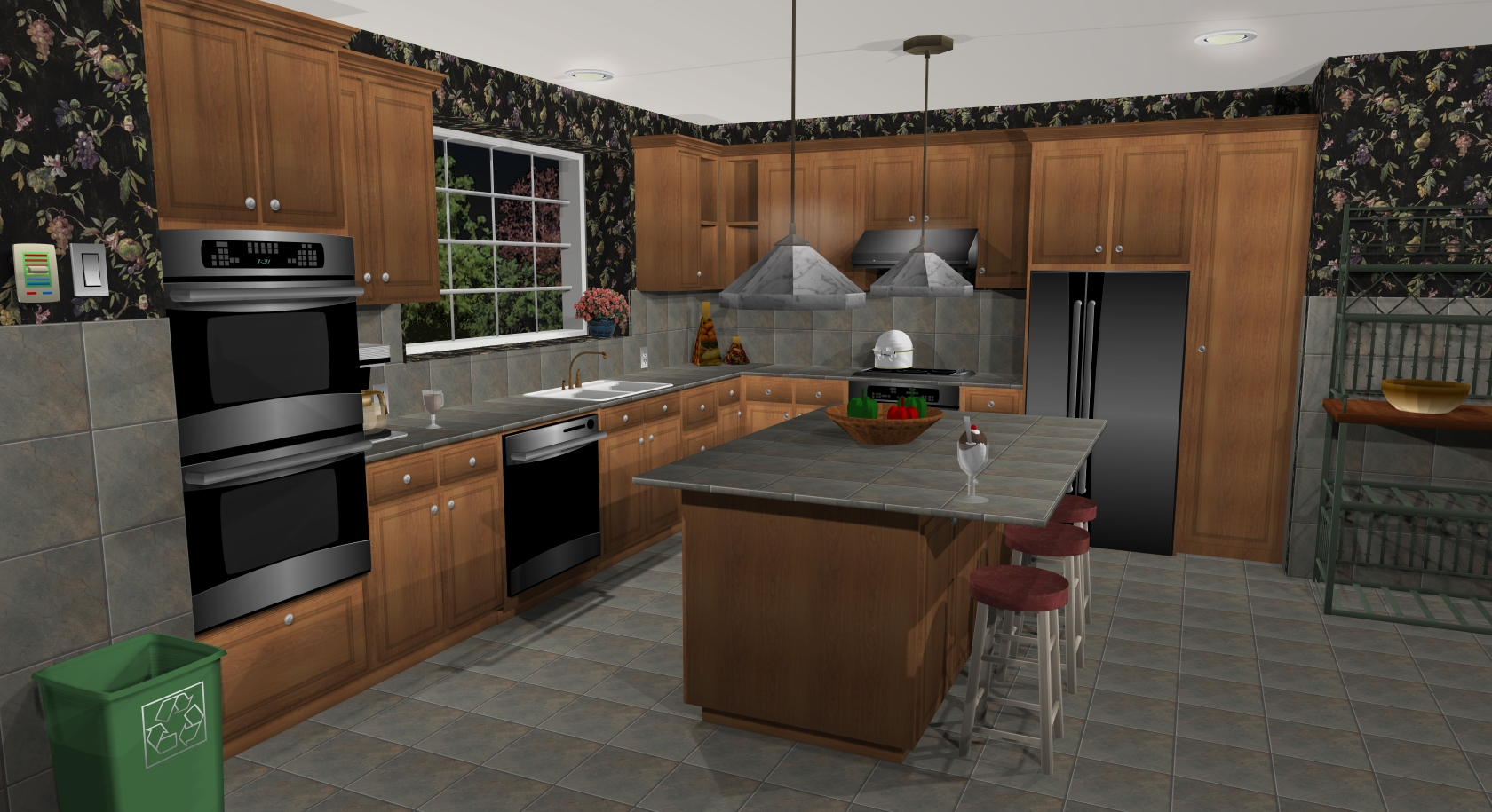 Cuisine 3D en L avec îlot central