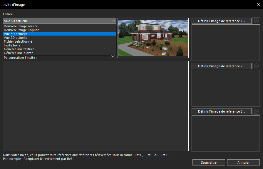 Sélection de l'option Vue 3D actuelle dans le menu déroulant Entrée de Studio d'Image
