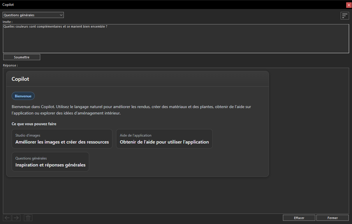 Exemple de question saisie dans le champ d'invite de Questions générales, prête à être soumise