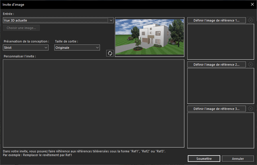 Utilisation de la Vue 3D actuelle comme image de référence pour la transformation IA