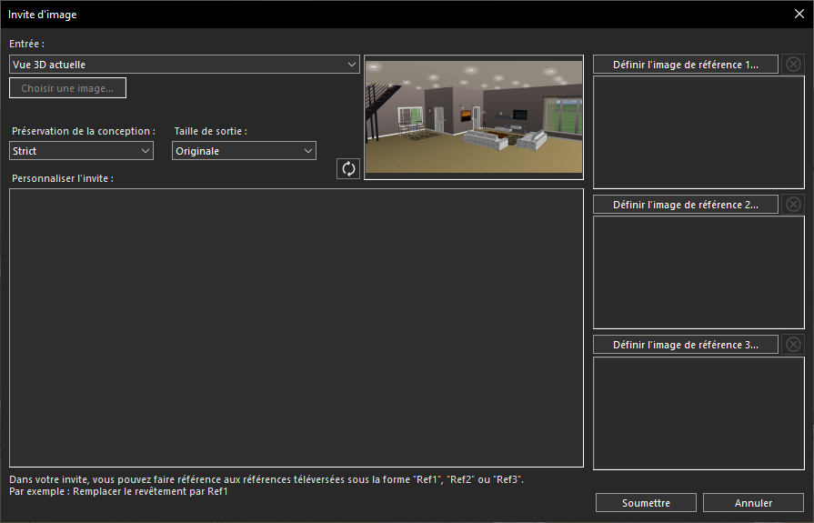 Utilisation de la Vue 3D actuelle pour la transformation du salon