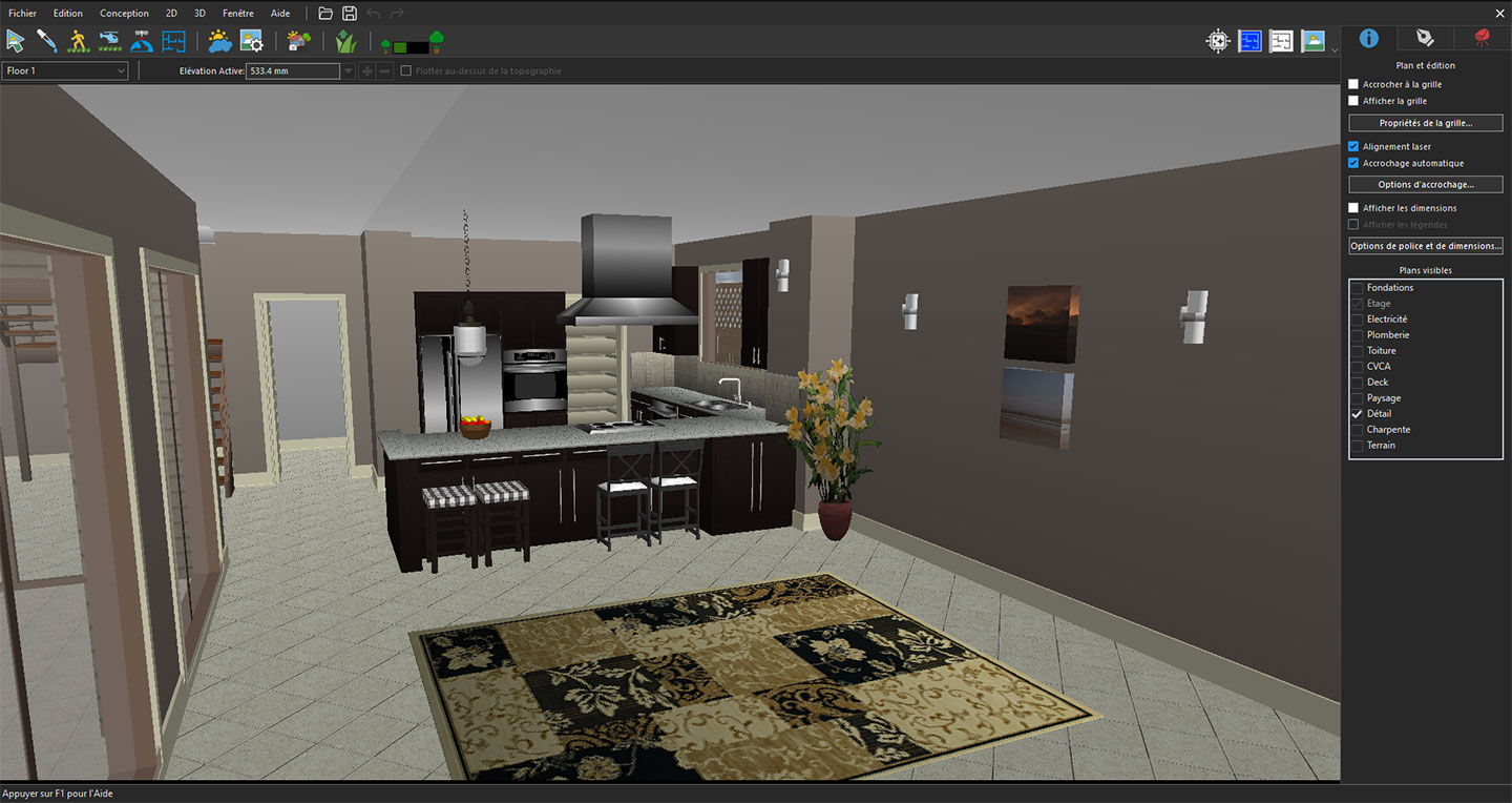 Vue 3D centrée sur l'espace cuisine