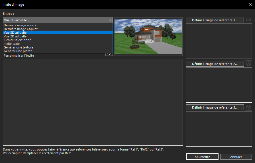 Sélection de l'option Vue 3D actuelle dans le menu déroulant Entrée