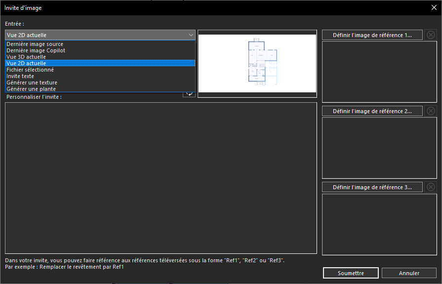 Sélection de l'option Vue 2D actuelle dans le menu déroulant Entrée
