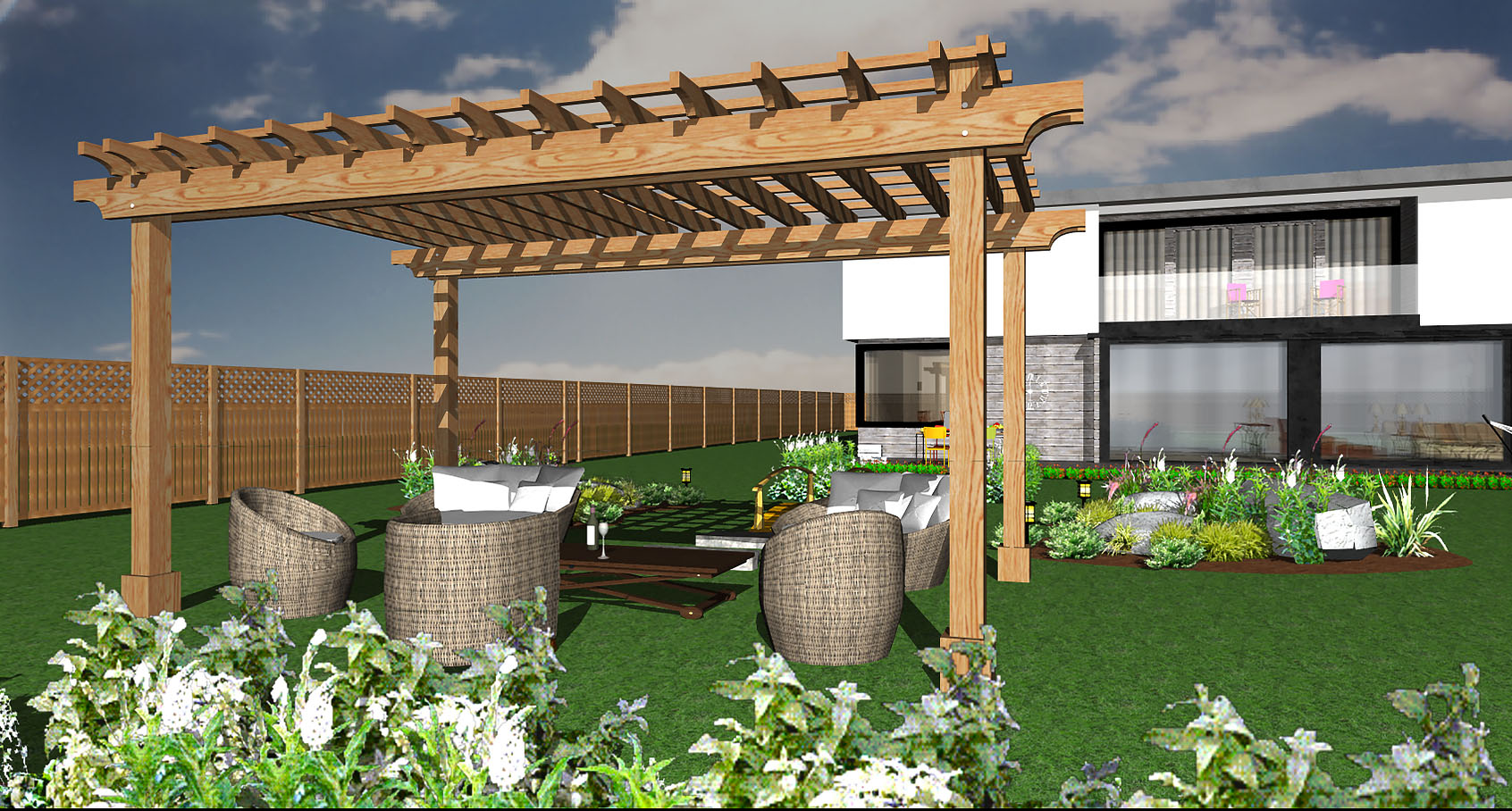 salon avec pergola au jardin