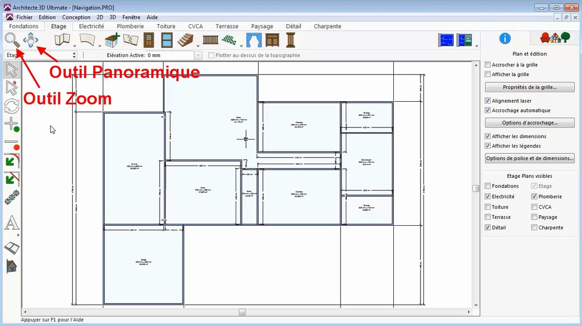 Les outils de navigation 2D dans la barre d’outils principale