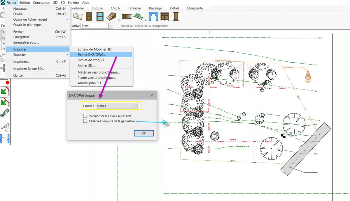La boîte de dialogue d’import DXF/DWG et le réglage d’échelle