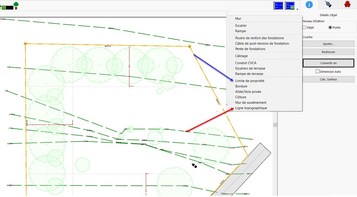Lignes converties en ligne de propriété et lignes topographiques