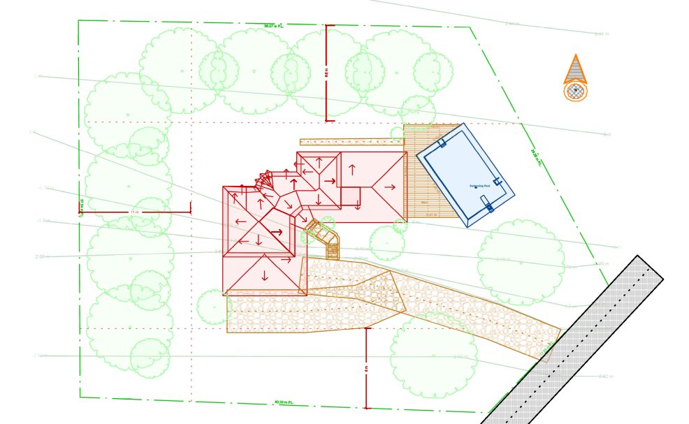 Le plan de masse terminé avec la maison, les allées, la terrasse et la piscine