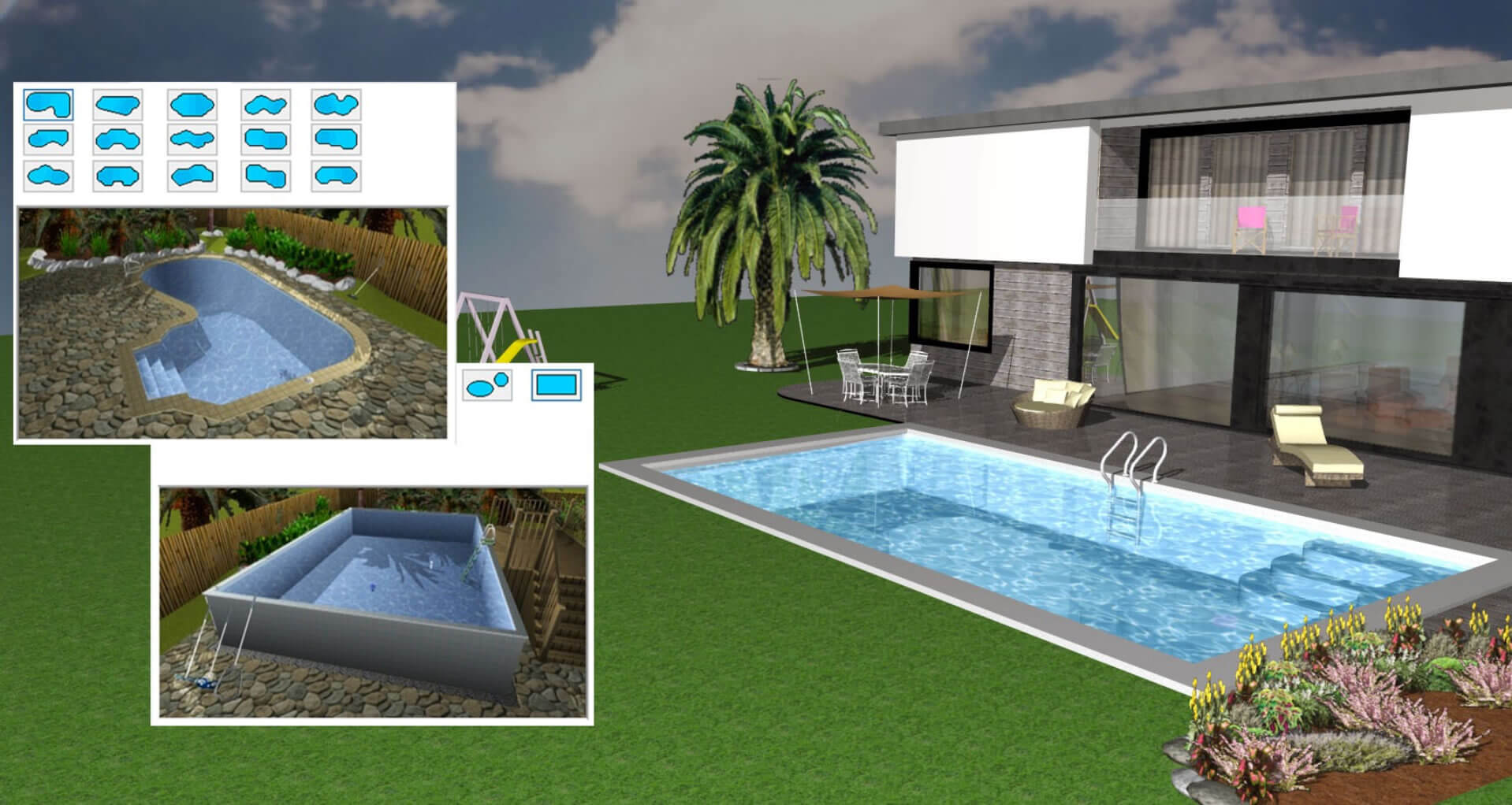 Créez très facilement la piscine de vos rêves grâce avec l’éditeur de piscines intégré à Architecte 3D®.